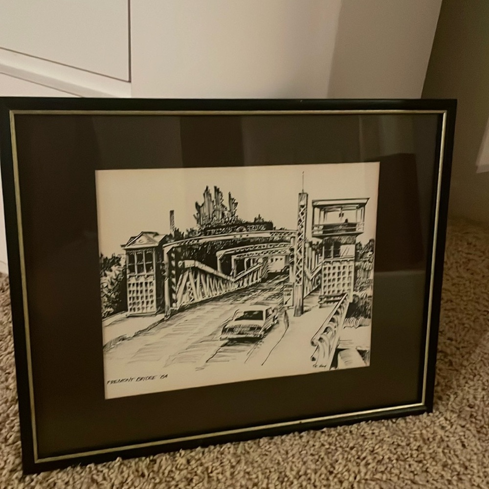 Vintage Lithograph “Fremont Bridge” ~ Black & White Artist Signed!
